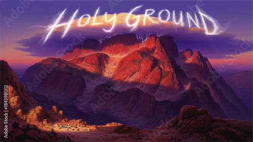Holy Ground glowing text over dramatic sunset mountains and desert campsite, spiritual landscape illustration for worship backgrounds
