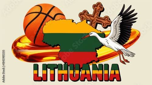 Lithuania vector illustration with flag map, basketball, stork, cross and amber ring, patriotic Baltic travel and sports concept art