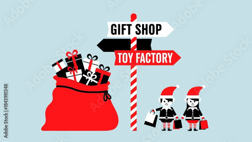 Gift shop and toy factory signs with Santa figures, shopping bags, and a sack of presents, symbolizing Christmas shopping and manufacturing