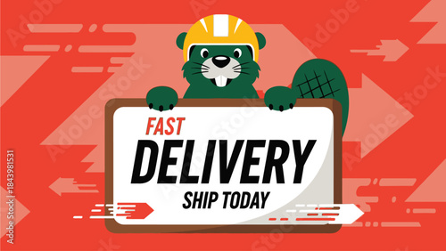Fast Delivery Beaver Mascot Holding Sign Express Shipping And Logistics