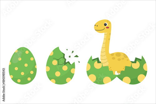 Cute baby Brontosaurus hatching from egg Clip Art for Newborn Celebration, baby room, baby shower, greeting card, kids and baby t-shirts, and wear Baby