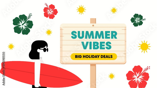 Summer Vibes Big Holiday Deals - A woman with a surfboard and tropical flowers - perfect for travel and vacation promotions