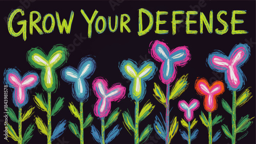 Grow Your Defense inspirational hand drawn neon flowers on black background, colorful immunity wellness motivational poster art