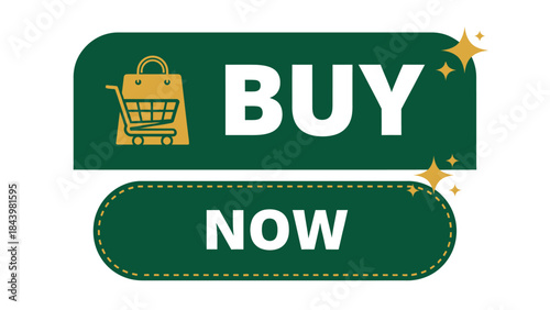 Vibrant green 'Buy Now' button graphic for e-commerce, featuring a prominent shopping cart icon and clear call to action, perfect for online purchase promotions