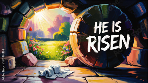 He Is Risen Easter resurrection illustration, empty tomb with sunrise, colorful flowers and Christian cross background art