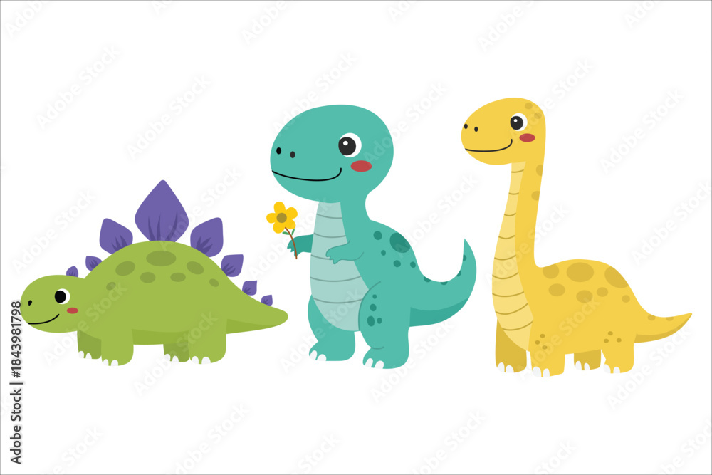 Obraz premium Cute Baby Dinosaur Clip Art Set with Stegosaurus, T-Rex, and Brontosaurus Cartoon for Kids Design. Suitable for clip art, stickers, flat design illustration, etc 