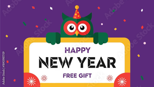 Whimsical New Year celebration banner with an adorable owl presenting a free gift, perfect for holiday promotions and festive announcements