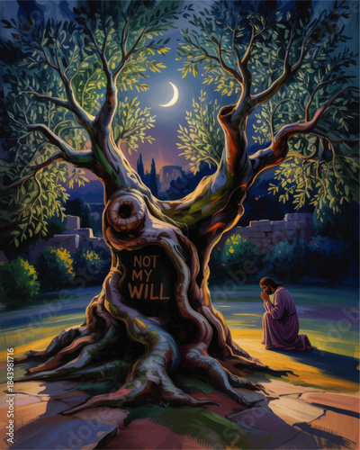 Gethsemane prayer illustration of Jesus kneeling by ancient olive tree at night under crescent moon, Christian faith artwork