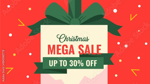 Christmas Mega Sale Up To 30% Off, Festive Holiday Shopping Discount Banner with Green Bow