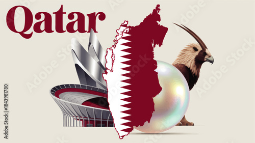 Qatar national illustration with modern stadium, maroon country map, Arabian falcon and pearl on beige background, travel concept art