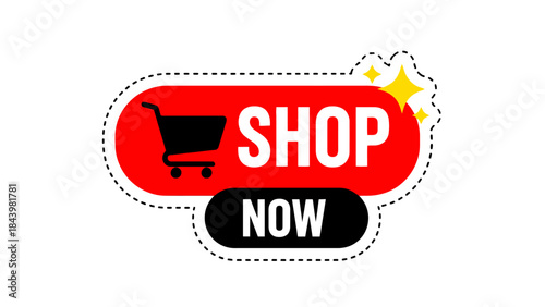Vibrant 'Shop Now' sticker icon for online retail and e-commerce promotions, featuring a classic shopping cart design to encourage immediate purchases and sales