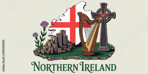 Northern Ireland vintage illustration with map flag harp Celtic cross Giant’s Causeway cliffs thistle flowers tourism design