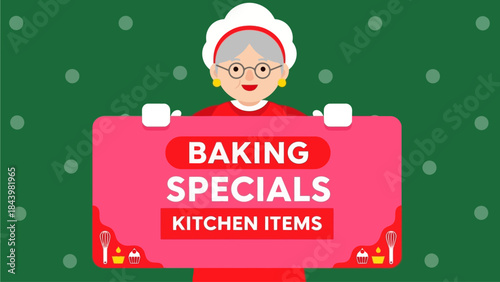 Joyful illustration of a friendly older woman character holding a colorful banner announcing fantastic baking specials and essential kitchenware deals for home bakers