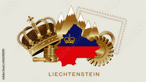 Liechtenstein map with national flag, golden crown, Alps mountains and gears, luxury royal travel and business concept illustration