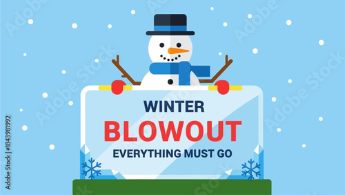 Cheerful snowman illustration announces a big winter blowout sale banner, highlighting fantastic seasonal discounts and incredible clearance deals for everyone