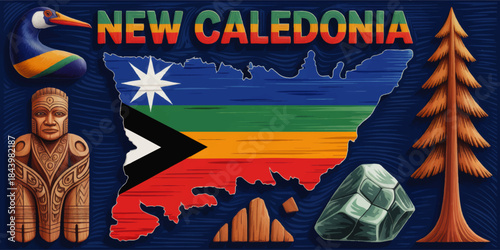 Colorful New Caledonia map illustration with flag, tribal totem, exotic bird, pine tree and gemstones on textured blue background
