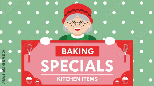 Delightful Baking Specials Sweet Deals and Discounts on Essential Kitchen Items Promoted by a Cheerful Grandmother Figure