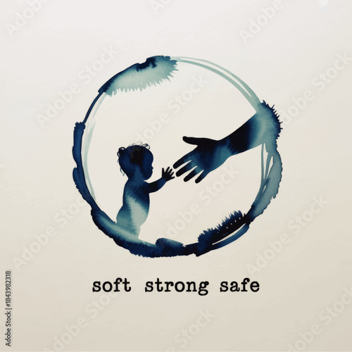 Watercolor parent hand reaching to child in protective circle, blue newborn baby safety care illustration with soft strong safe text