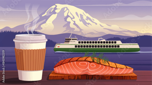 Scenic Pacific Northwest ferry ride with steaming coffee, grilled salmon filet, mountain landscape and calm coastal sunset