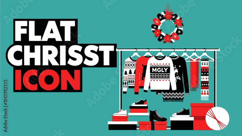 Illustration of festive holiday gifts and presents. A collection of packages in a red wooden crate and white sack, adorned with winter foliage