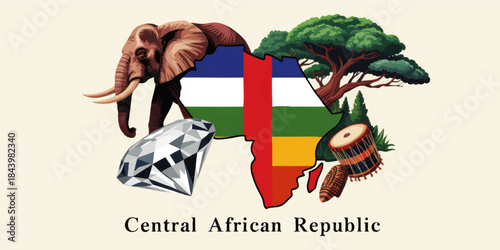 Central African Republic map illustration with national flag, elephant, diamond, drum and savanna tree cultural tourism concept