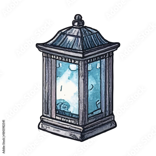 Traditional Decorative Lantern with Blue Glass Panels Evoking a Sense of Serenity
