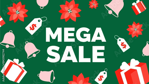 Mega Sale Festive Christmas Bells, Gift Boxes, and Poinsettia Flowers on a Green Background