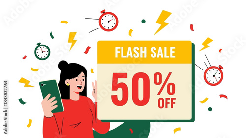 Flash Sale 50% Off Deal with Woman Holding Phone and Clock Icons, Advertising Promotion