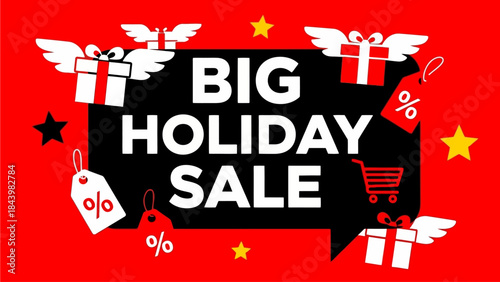 Big Holiday Sale Promotional Banner Featuring Gifts and Shopping Cart Icons on Red Background
