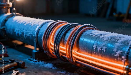 Medium shot of electrical heat tracing cables neatly wrapped around a cold pipeline ensuring consistent warmth to prevent freezing during harsh weather.