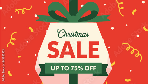 Christmas Sale Up to 75% Off Gift Box Illustration with Confetti