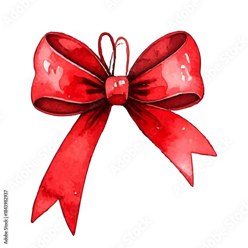 Vibrant watercolor hand-painted red bow illustration, ideal for festive decorations, elegant gift wrapping, or charming holiday season greeting cards and unique design projects