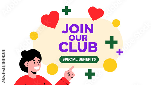 Join Our Club Special Benefits Promotional Banner with a Cheerful Person Pointing