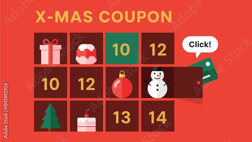 Festive Christmas Advent Calendar Coupon with Gift Box and Snowman Illustration for Holiday Promotion