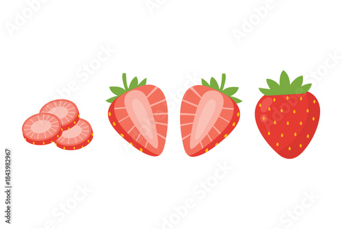 Red Strawberry Fruit Set. Whole and Sliced. Suitable for clip art, stickers, flat design illustration, etc