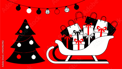 Festive Sleigh Carrying Gifts and Christmas Tree with Garland Lights on Red Background Illustration