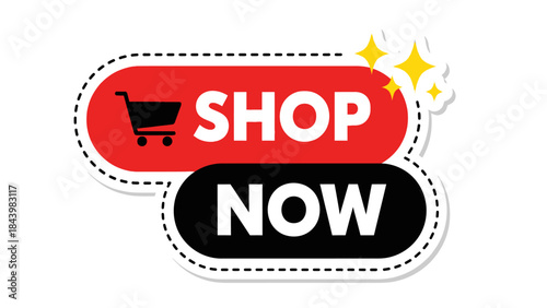 Dynamic 'Shop Now' graphic for e-commerce promotions, featuring a stylized shopping cart and starburst accents, perfect for driving online sales and limited-time offers