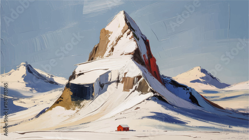 Winter mountain landscape illustration with red cabin, snowy alpine peak, blue sky, minimal Scandinavian nature art background