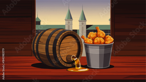 Fried chicken bucket and beer barrel on wooden table, rustic tavern illustration with medieval city view at sunset