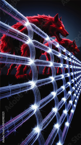 Cybernetic electric fence blocking glowing red wolves in dramatic neon sci fi fantasy security illustration