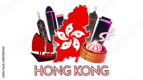 Hong Kong travel illustration with skyline, junk boat, dim sum and flag map, colorful tourism poster design on transparent background