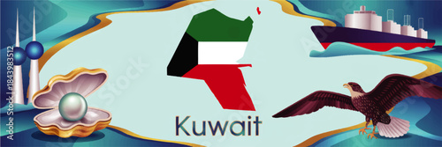 Kuwait landmarks and national symbols illustration with map flag, Kuwait Towers, pearl, falcon and shipping industry on blue background