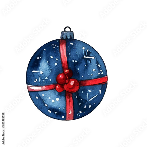 Beautiful watercolor illustration of a dark blue Christmas ornament adorned with red ribbons and berries, perfect for festive holiday designs and winter celebrations