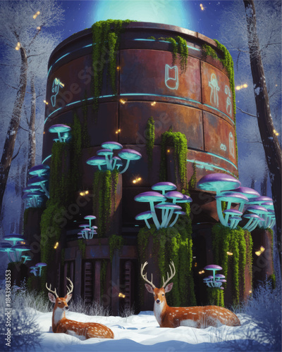 Mystical winter forest with bioluminescent mushrooms, ancient sci fi tower and resting deer under glowing blue light