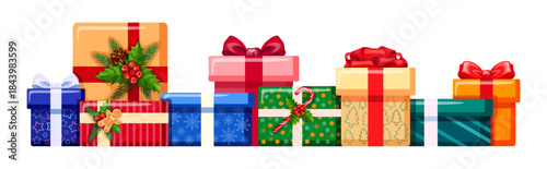 Pile of Christmas gifts in cartoon style. Vector illustration of holiday gifts with ribbons, bows, gingerbread, caramel cane, holly leaves, berries, cone, fir branches isolated on white background.