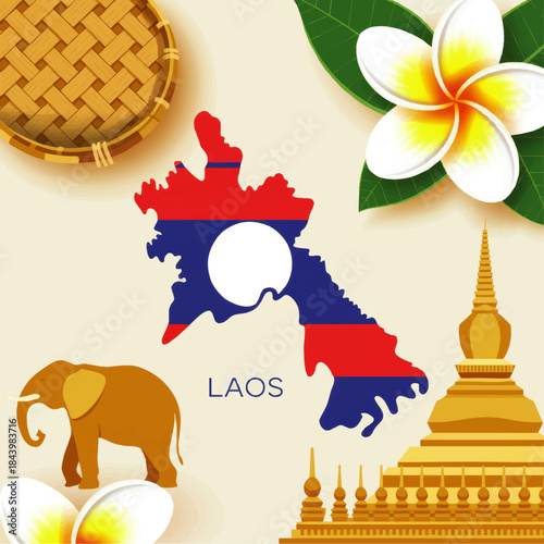Laos culture travel illustration with flag map, Pha That Luang temple, elephant and frangipani flowers on pastel background