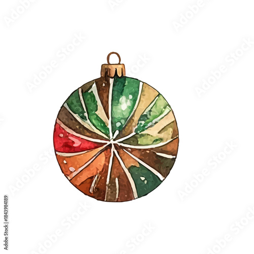 Hand-painted watercolor illustration of a festive Christmas tree ornament with a unique striped design in vibrant holiday colors, perfect for seasonal decorations and graphic projects