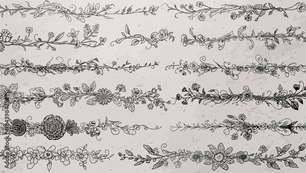 Obraz premium A collection of elegant floral borders and illustrations on a textured background