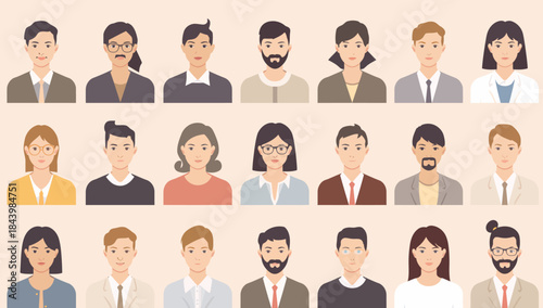 Diverse collection of flat design profile pictures and user avatars, featuring a variety of male and female characters for modern digital identity and online representation
