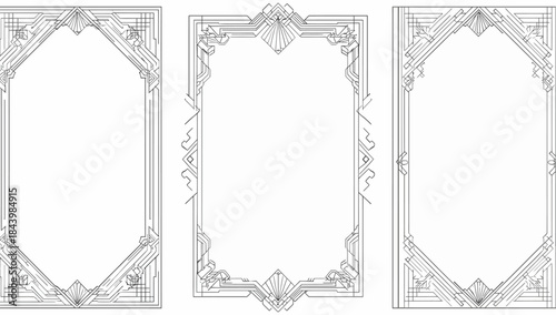Collection of elegant Art Deco vector frames, featuring ornate geometric decorative borders with a vintage aesthetic, ideal for invitations, certificates, or classic design projects